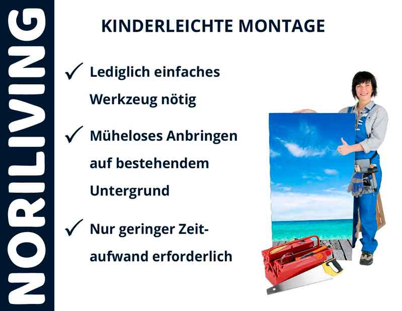 Person mit Werkzeug zeigt eine einfache Montage eines Bildes auf bestehendem Untergrund von NORILIVING