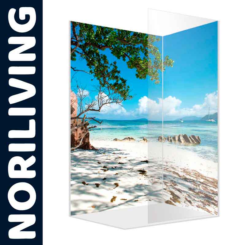Duschwand mit Strandmotiv von NORILIVING, zeigt einen sonnigen Strand mit klarem blauen Wasser und Bäumen.