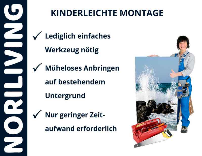 Einfache Montage mit Noriliving: Schnell und mühelos einrichten Handwerker mit Werkzeugkasten und Noriliving-Poster, einfache Montage-Anleitung auf Deutsch