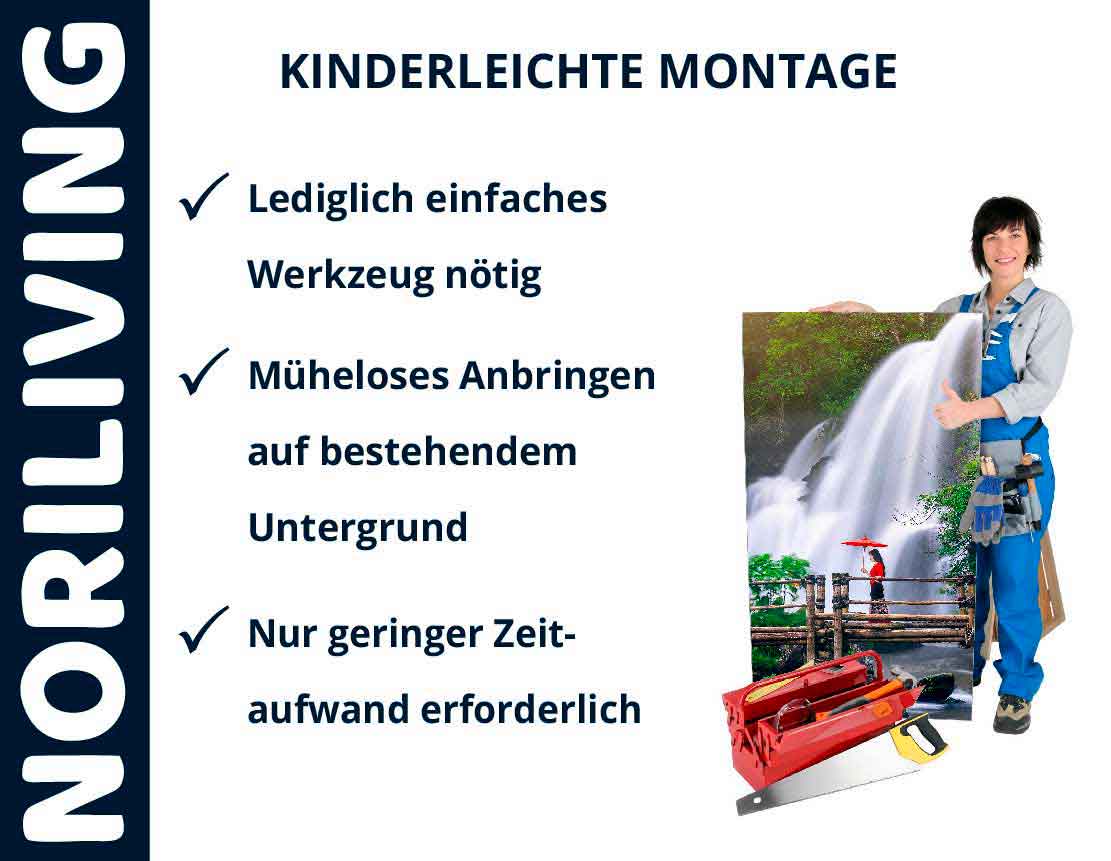 Eine Montageanleitung von NORILIVING zeigt eine Frau mit einem Wandbild und Werkzeug, mit Tipps für einfache Installation.