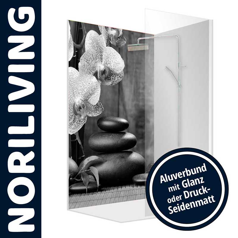NoriLiving Duschwand aus Aluverbund mit Orchideen-Design in Glanz oder Druck-Seidenmatt Duschwand mit Orchideen-Motiv, gefertigt aus Aluverbund, erhältlich in Glanz oder Druck-Seidenmatt-Optik
