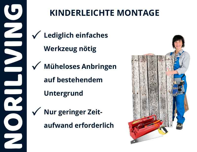 Frau präsentiert NORILIVING Produkt mit einfacher Montage und geringem Zeitaufwand