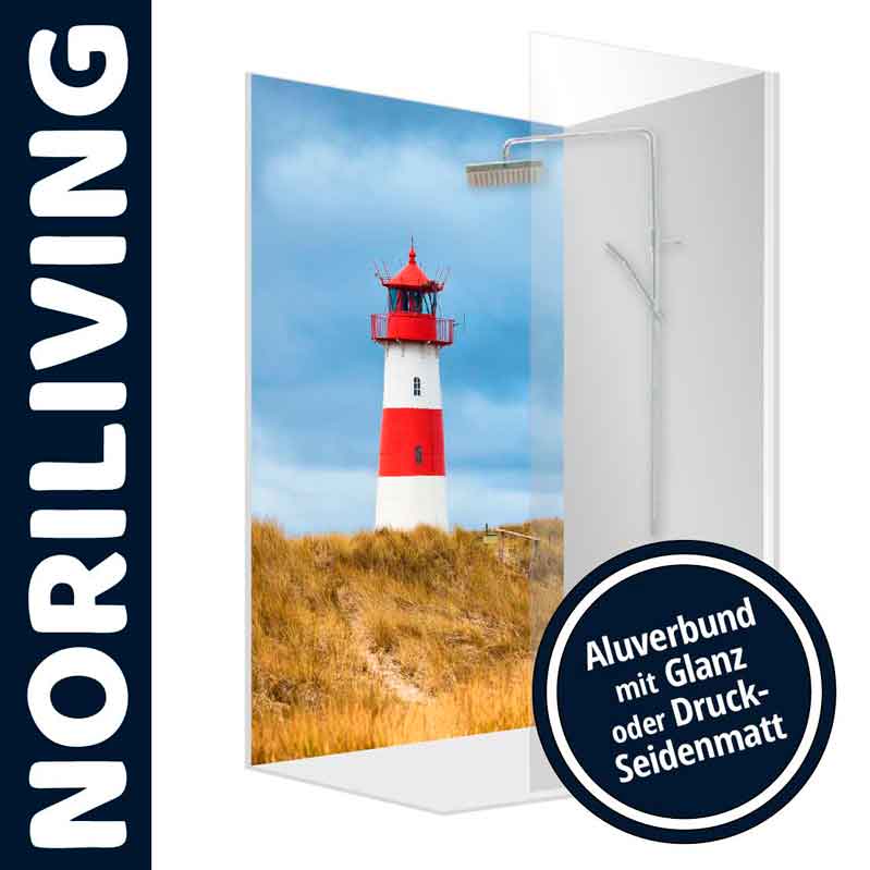 Duschwand von Norliving mit Leuchtturm-Motiv aus Alubund, erhältlich in Glanz oder Seidenmatt