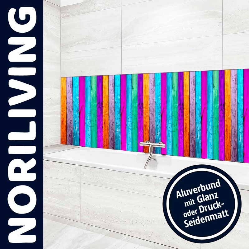 Bunte Badezimmerverkleidung aus Aluverbund mit farbenfrohen Streifenmuster, ideal für stilvolle Akzente.