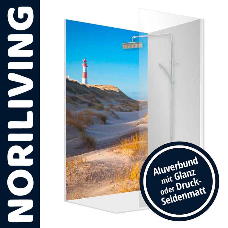 Duschwand von NORILIVING mit Landschaftsbild eines Strandes und Leuchtturms, Aluverbund in Glanz oder Seidenmatt