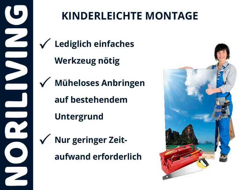 Werbung für Noriliving mit einfacher Montage, auf der eine Person ein Bild hält und Werkzeuge zeigt. Text beschreibt müheloses Anbringen.