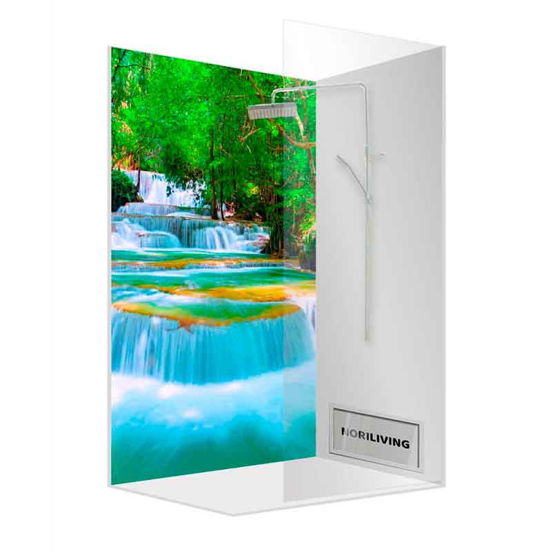 Moderne Duschkabine mit fotorealistischem Bild von Wasserfällen und üppigem Grün