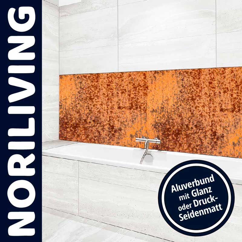 Badezimmer mit dekorativer Aluverbund-Rückwand in Rostoptik von Noriliving, erhältlich in Glanz oder Seidenmatt