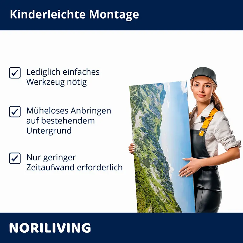 Frau in Arbeitskleidung trägt großes Wandbild