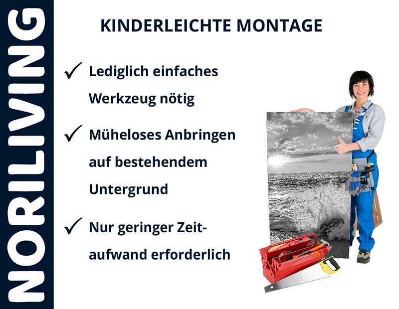 Norliving kinderleichte Montage - Einfaches Anbringen ohne großen Zeitaufwand Norliving Montageanleitung mit einfacher Werkzeugliste und geringem Zeitaufwand. Arbeiter hält Bild, Werkzeugkasten im Vordergrund.