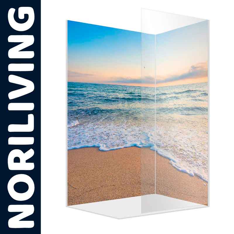 Duschwand von NORILIVING mit Bild eines Sandstrands und Meeres im Sonnenuntergang