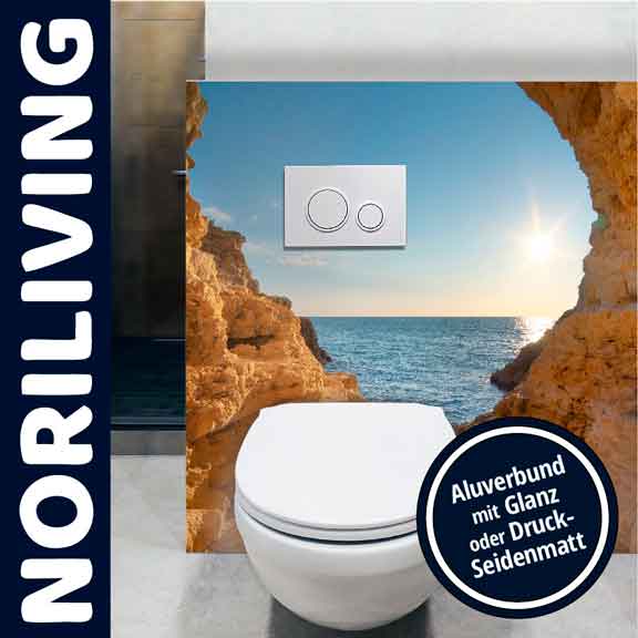Toilette mit dekorativer WC-Verkleidung und Strandbild von Noriliving aus Aluverbundmaterial