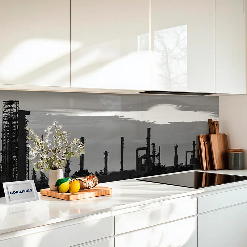 Küchenrückwand Glas Raffinerie-Silhouette bei Sonnenuntergang 369 schwarz-weiß