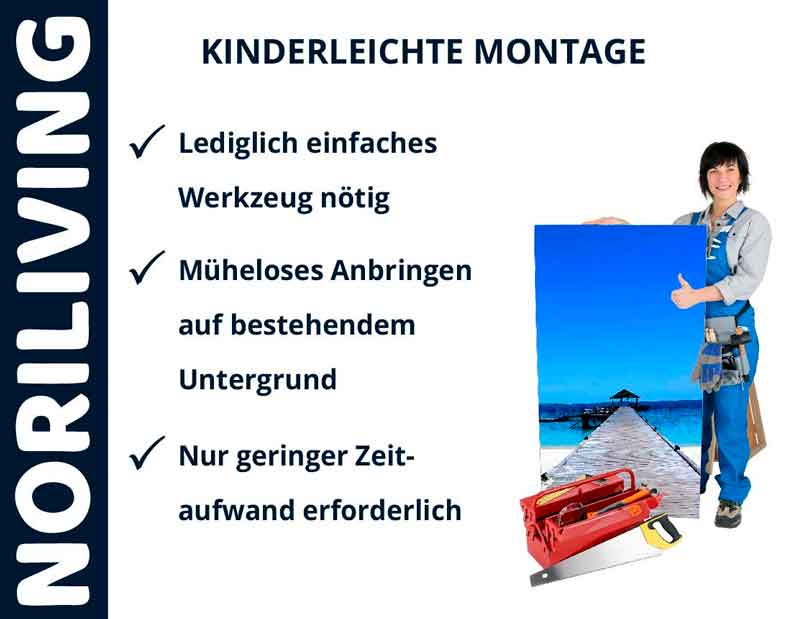 Noriliving: Kinderleichte Montage mit minimalem Aufwand Werbung für Noriliving mit Vorteilen der kinderleichten Montage wie einfacher Werkzeugbedarf, müheloses Anbringen und geringer Zeitaufwand.