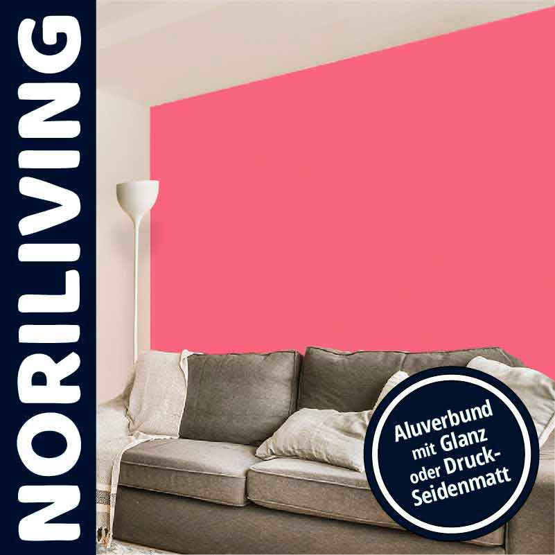 Wohnzimmer mit grauem Sofa vor einer rosa Wand aus Aluverbund, dekoriert mit Glanz oder Druck-Seidenmatt