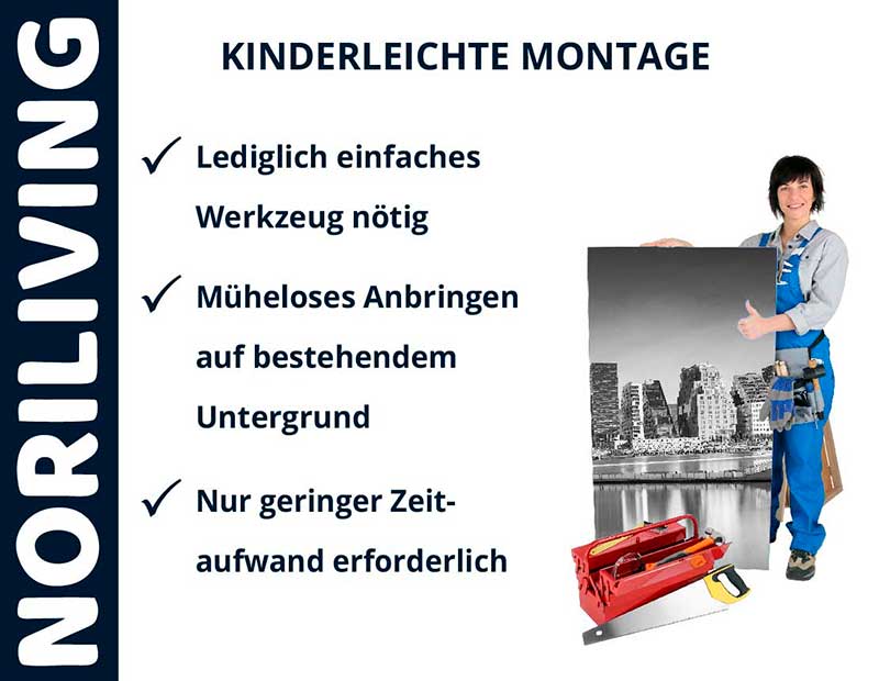 Plakat mit Montagehinweisen, Frau hält Bild mit Werkzeugkasten