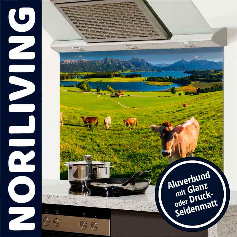 Küchenrückwand mit idyllischer Landschaft und Kühen, Angebot von NORILIVING, Edelstahlherd im Vordergrund