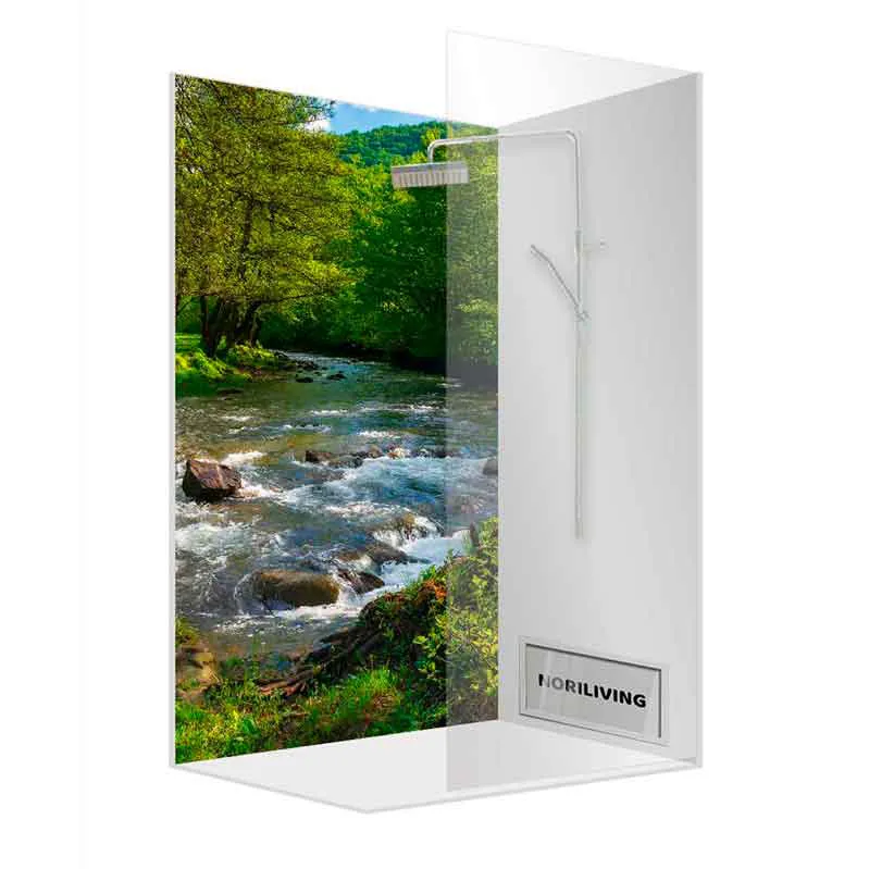 Duschkabine mit Glasrückwand und Flussmotiv