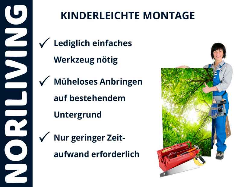 Einfache Montage bei Noriliving: Lediglich einfaches Werkzeug nötig, müheloses Anbringen auf bestehendem Untergrund, geringer Zeitaufwand Noriliving bietet kinderleichte Montage mit minimalem Werkzeug, einfachem Anbringen und geringem Zeitaufwand