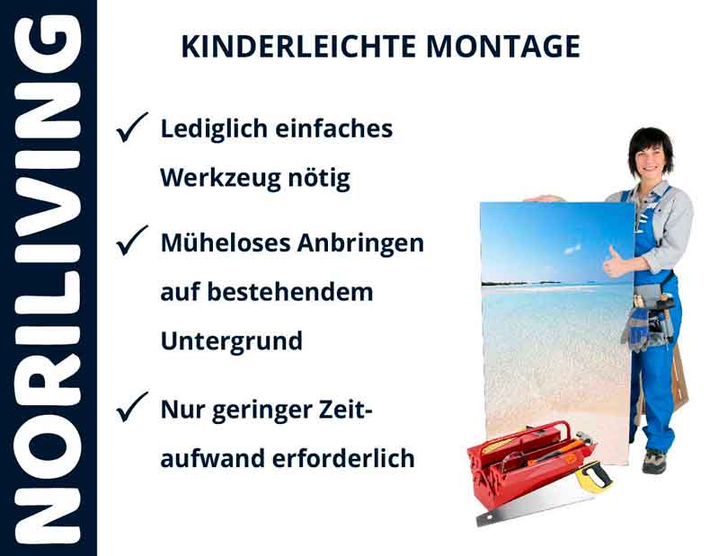 Leichte Montage mit Noriliving - Einfaches Anbringen, geringer Zeitaufwand Plakat von Noriliving mit dem Slogan 'Kinderleichte Montage' und Werkzeugsymbolen