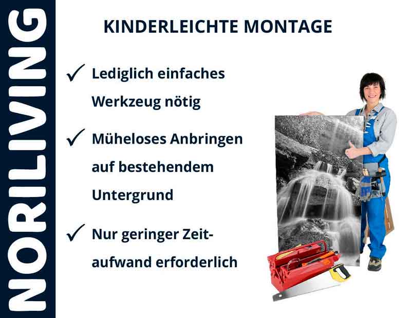 Person in Arbeitskleidung mit Werkzeugkasten zeigt auf eine Leinwand mit Wasserfall-Motiv, daneben stehen Montagevorteile: einfaches Werkzeug, müheloses Anbringen, geringer Zeitaufwand.
