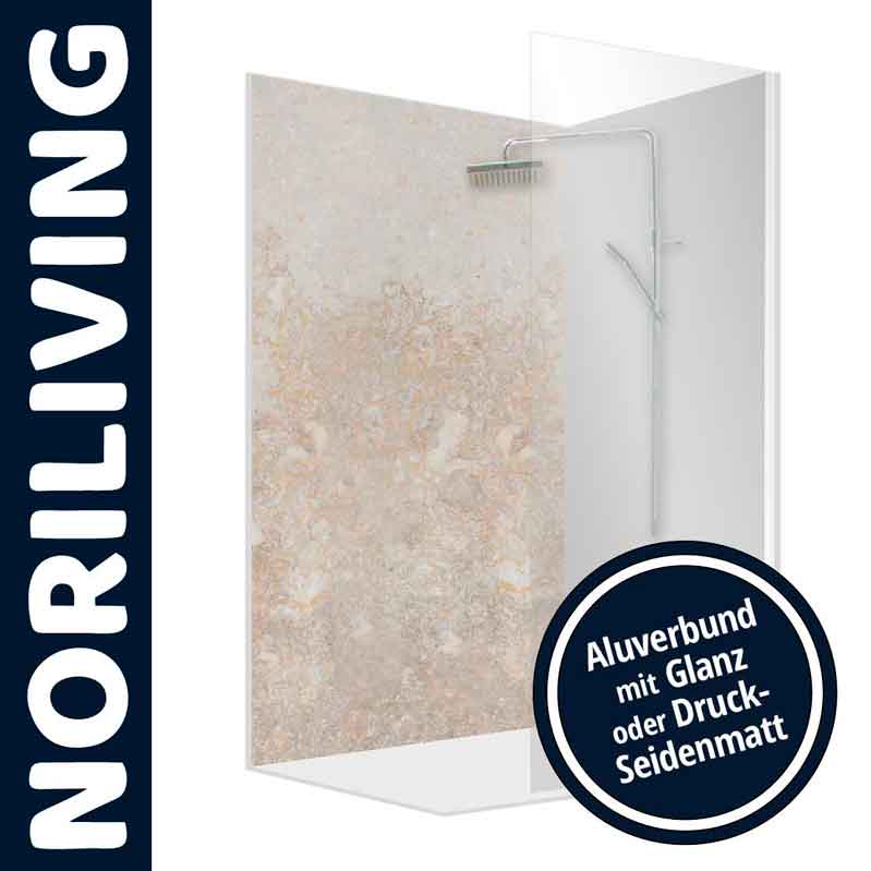 NORILIVING Duschwand mit Aluverbund in Glanz oder Druck-Seidenmatt Duschwand von NORILIVING mit Aluverbund, wählbar in glanzender oder seidenmatter Optik