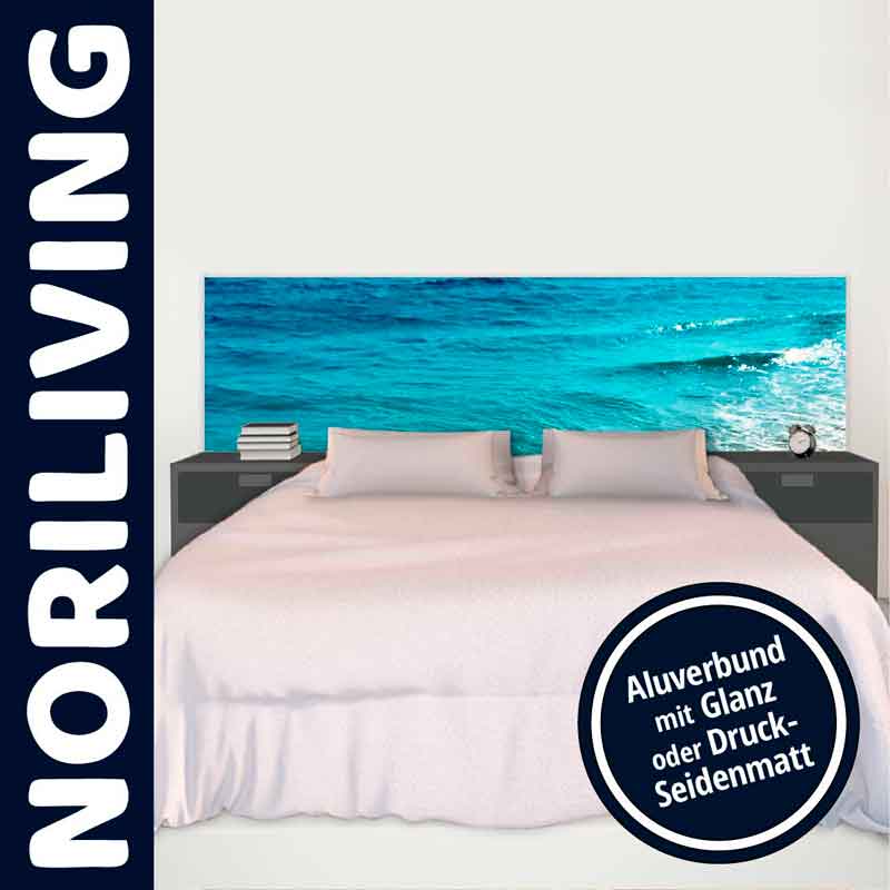 Modernes Schlafzimmer mit Meerblick-Kopfteil von NORILIVING Schlafzimmer mit Bett, blauer Kopfteil im Meeresdesign von NORILIVING, Aluminiumrahmen in Glanz oder Seidenmatt verfügbar