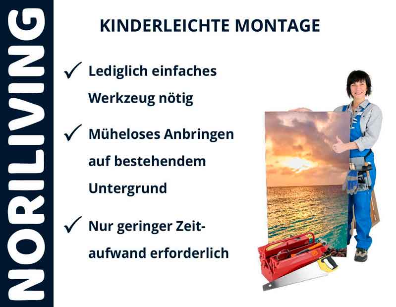 Werbeplakat von NORILIVING mit einer Frau, die eine Wanddekoration hält und Hinweise auf einfache Montage gibt.