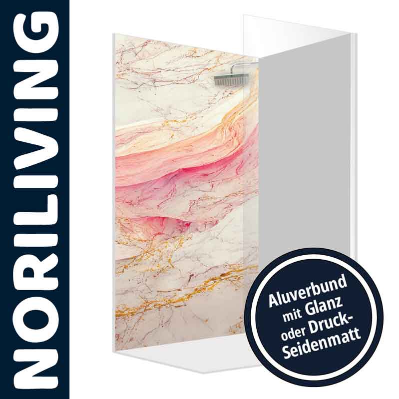 Duschwand von NORILIVING mit elegantem Marmor-Design in Rosa und Gold, erhältlich in Glanz oder Druckseidenmatt