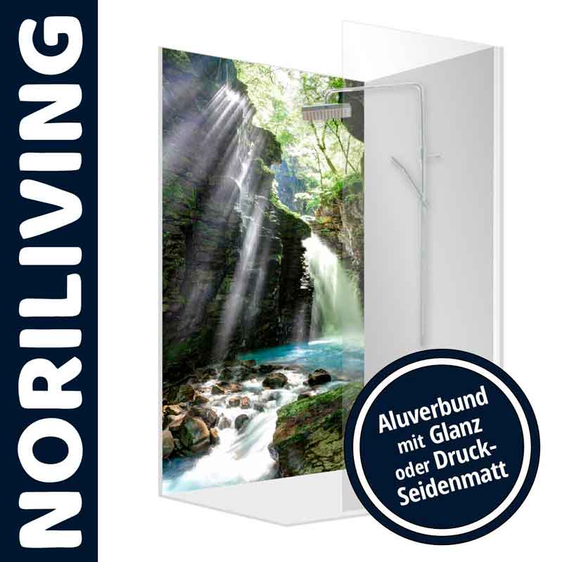 Duschrückwand mit Wasserfallmotiv, erhältlich in Glanz oder Druck-Seidenmatt von NORILIVING