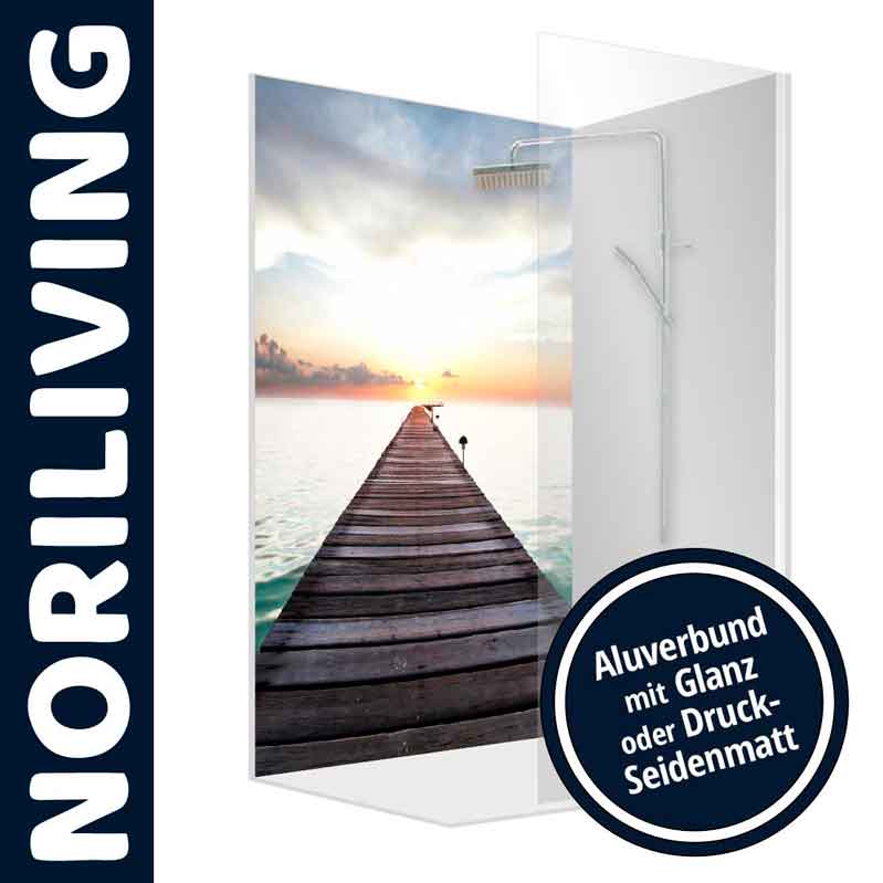 Aluminiumverbund-Duschwand mit Pier-Motiv und Sonnenuntergang Duschwand mit einem Bild eines Holzpiers im Meer bei Sonnenuntergang, erhältlich in Glanz oder Druck-Seidenmatt