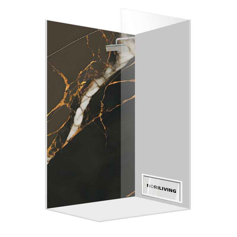 Elegante Duschabtrennung in Schwarz mit goldenen Marmoradern, präsentiert von NORI LIVING