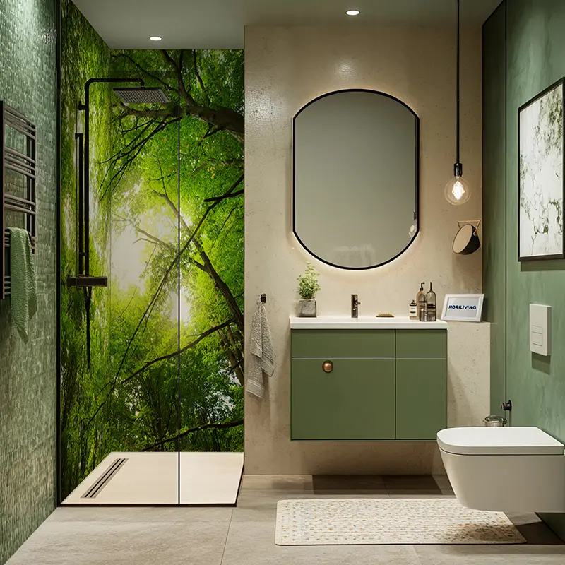 Grünes Badezimmer mit Wandbild-Dusche und Waschbecken