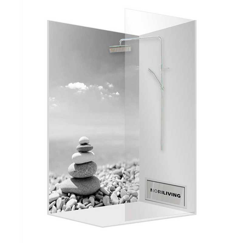 Moderne Duschkabine mit Zen-Steindekor - Entspannung pur Duschkabine mit Zen-Steinstapel-Dekor auf Glaswand, minimalistisches Design von NORLIVING