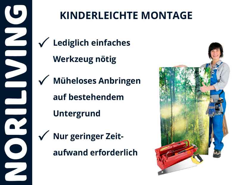 NoriLiving - Einfache Montage von Dekorationselementen Person mit blauer Arbeitskleidung hält ein großes Poster mit Waldmotiv; NoriLiving-Schild, einfache Montage, Werkzeuge auf Boden