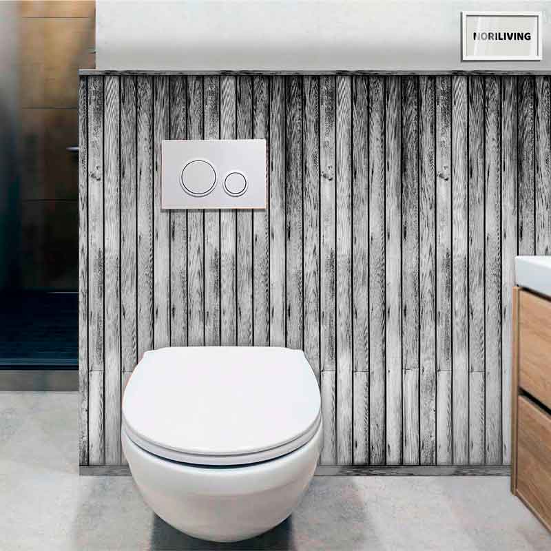 Hängende Toilette vor Holzwand in modernem Badezimmer-Design