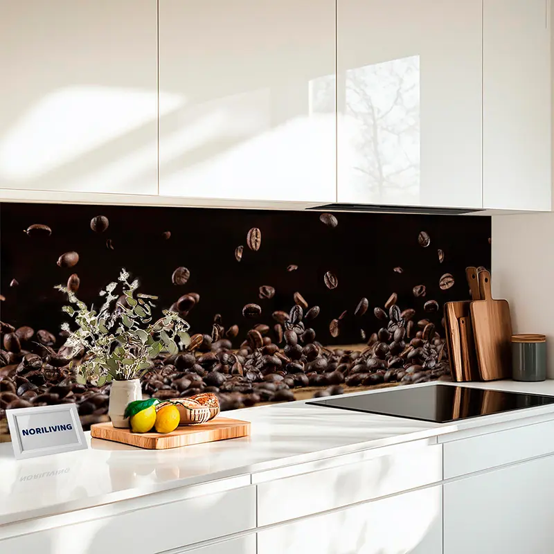 Küchenrückwand Alu fallende Kaffeebohnen 491