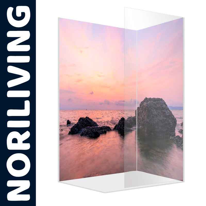 Acrylglaswand mit Bild eines Sonnenuntergangs über dem Meer und Felsen, angeboten von NORILIVING