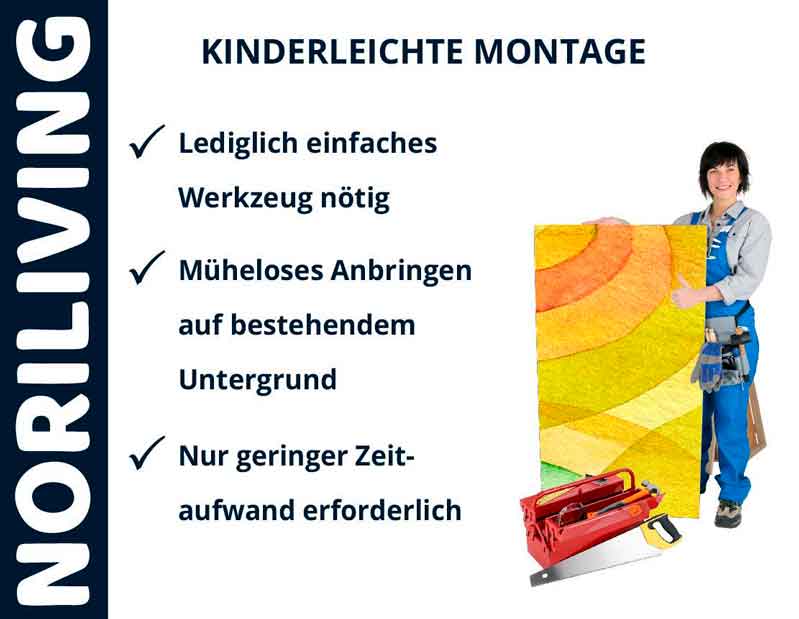 Person präsentiert einfach zu montierende Noriliving-Produktmerkmale mit minimalem Werkzeugbedarf und geringem Zeitaufwand