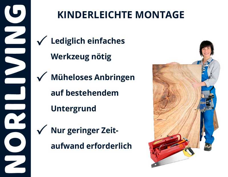 Werbung für NORILIVING: Einfache Montage von Holzpaneelen, nur simples Werkzeug nötig.