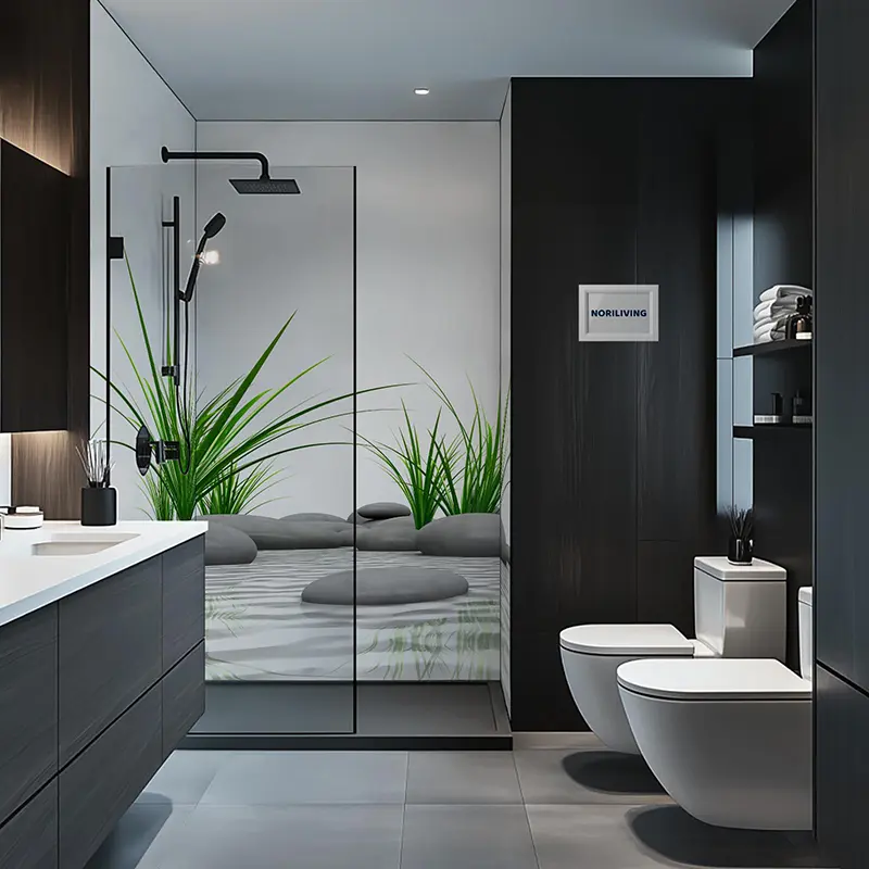 Elegantes Badezimmer mit Glasdusche und Pflanzen