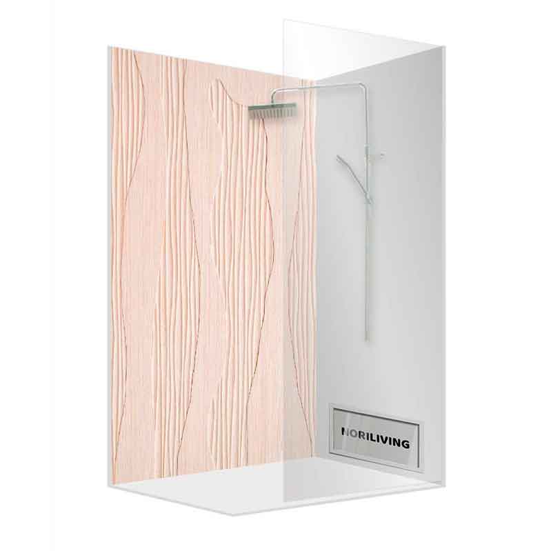 Ecke einer Duschkabine mit Holzstruktur-Wand und moderner Regenbrause, NORI LIVING Logo sichtbar