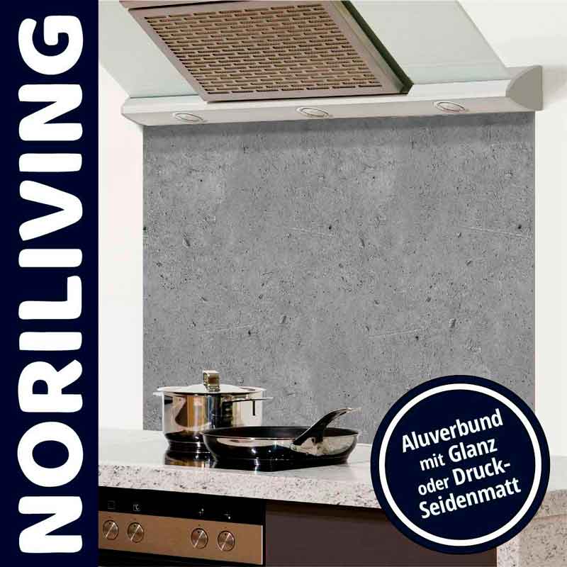 Moderne Küchenrückwand von NORILIVING in Betonoptik mit Alu-Verbund, glänzend oder seidenmatt