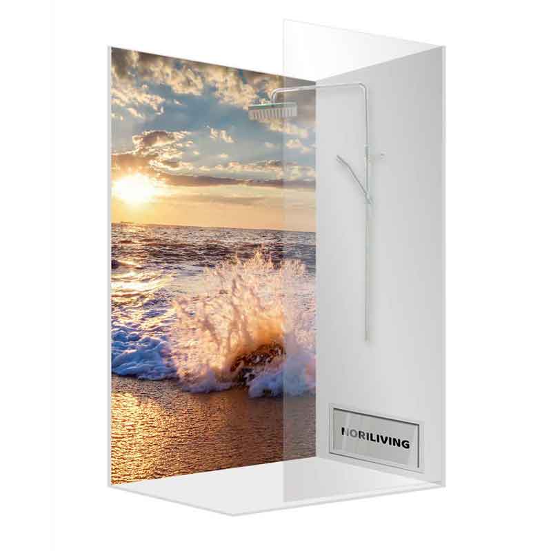 Moderne Duschkabine mit Sonnenuntergang am Meer als Motiv