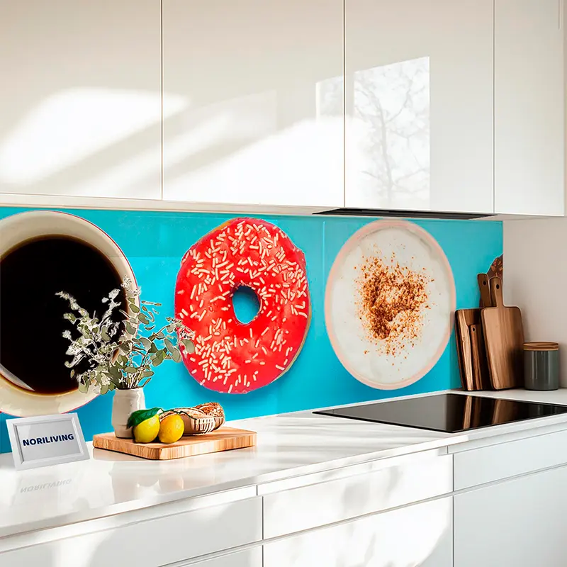 Küchenrückwand Alu Leckere Donuts und Tassen mit heißen Kaffee 060