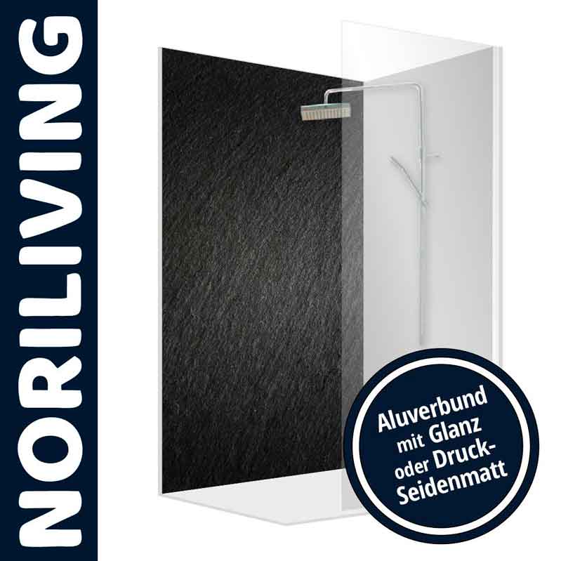 NORILIVING Duschpaneel - Aluverbund Glanz oder Druck-Seidenmatt Abbildung eines NORILIVING Duschpaneels mit Optionen in Aluverbund Glanz oder Druck-Seidenmatt