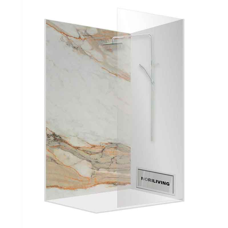 Elegante Eckdusche mit Marmoroptikwand und Glasscheiben von NORILIVING