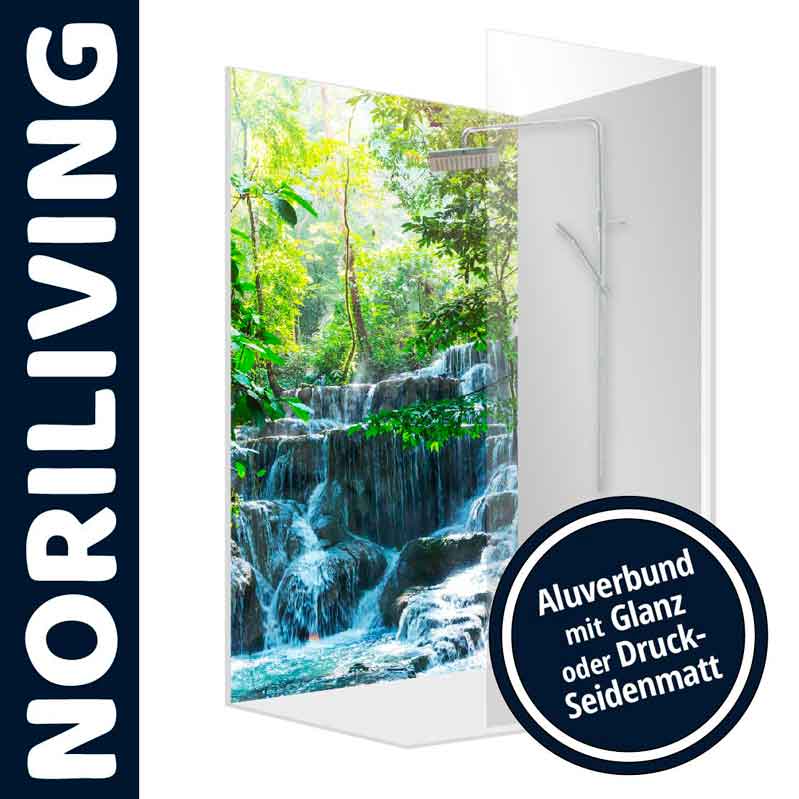 Dekorative Duschwand mit tropischem Wasserfallmotiv, Aluverbundmaterial mit glänzender oder seidenmatter Oberfläche