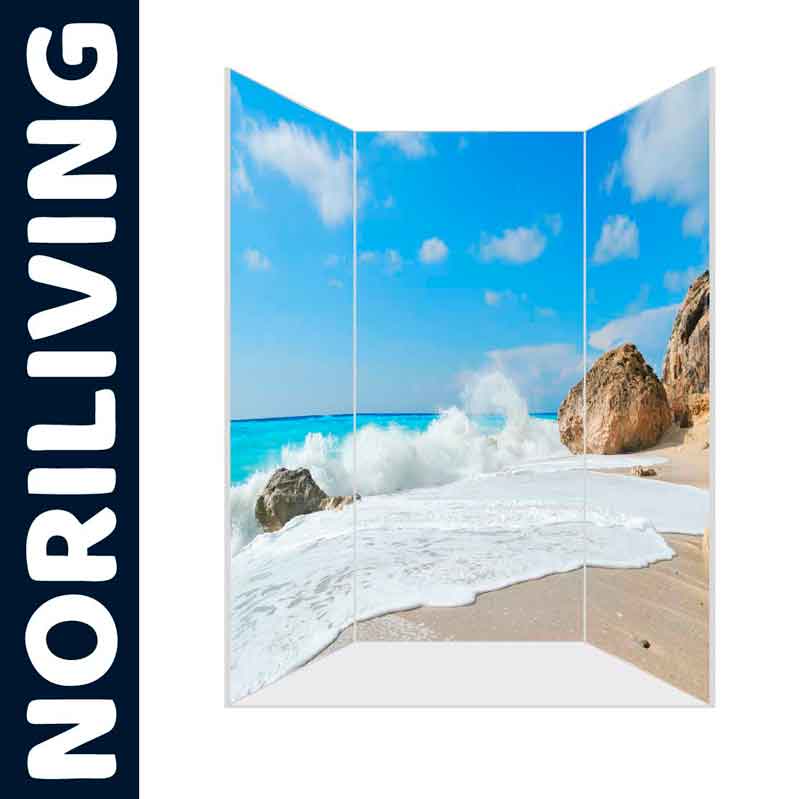 Dekorativer Paravent von NORILIVING mit Strand- und Meeresmotiv, bei dem Wellen an Felsen schlagen