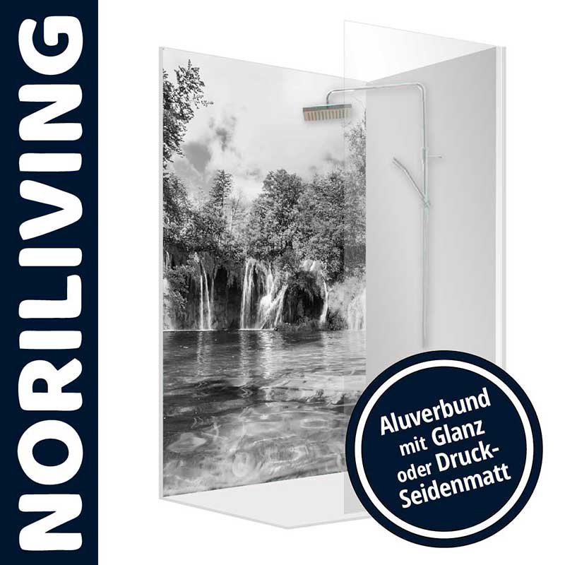 Duschwand von NORILIVING mit Wasserfallmotiv und Aluverbund in Glanz oder Druck-Seidenmatt